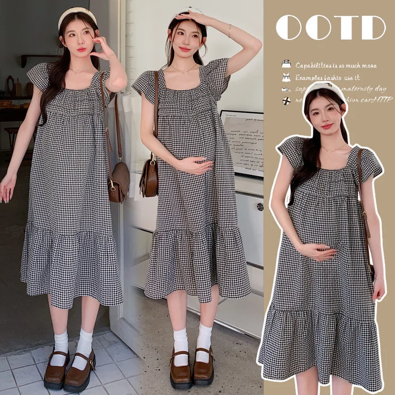 

Retro Plaid Maternity Dress Summer New Flutter Sleeve Loose Fit A-Line Dress Vintage Inspired Outfit for Pregnant Women