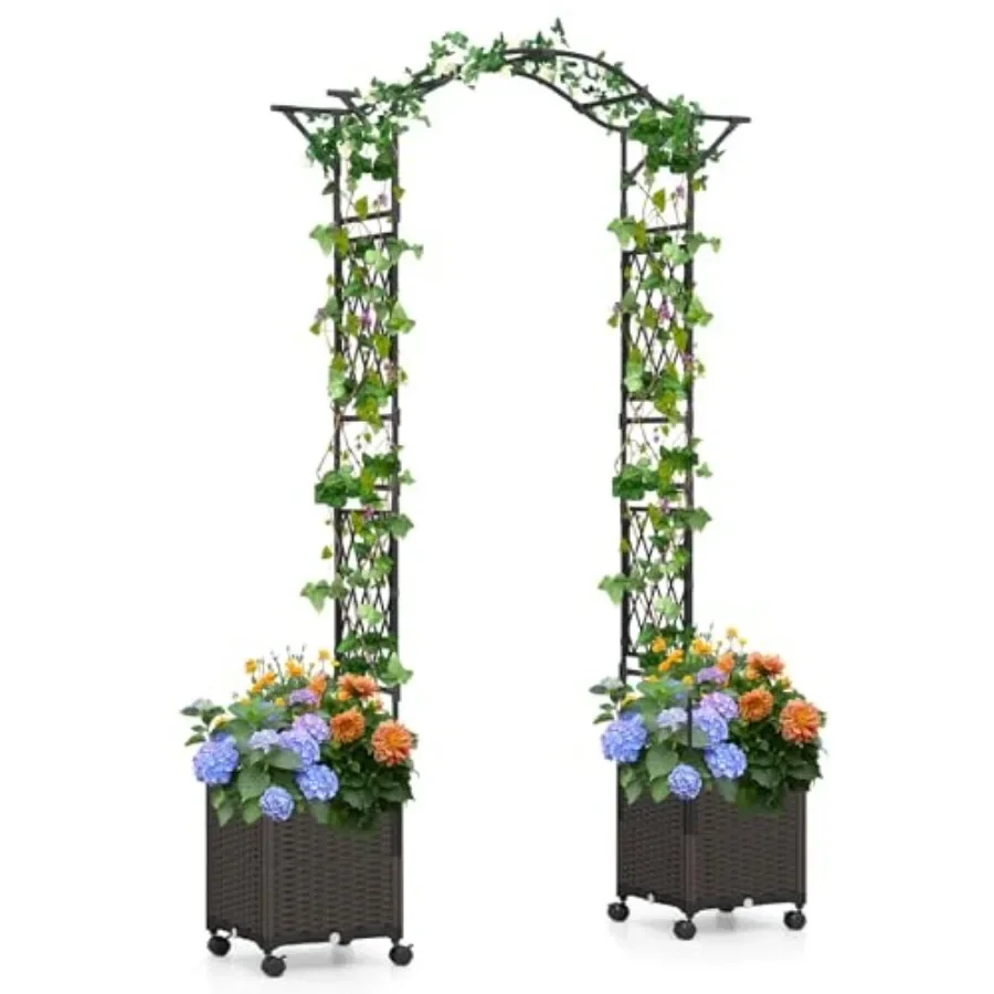 Garden Arch Trellis for outdoor use, made of metal, black color, features 2 self-watering boxes and 8.2 FT height