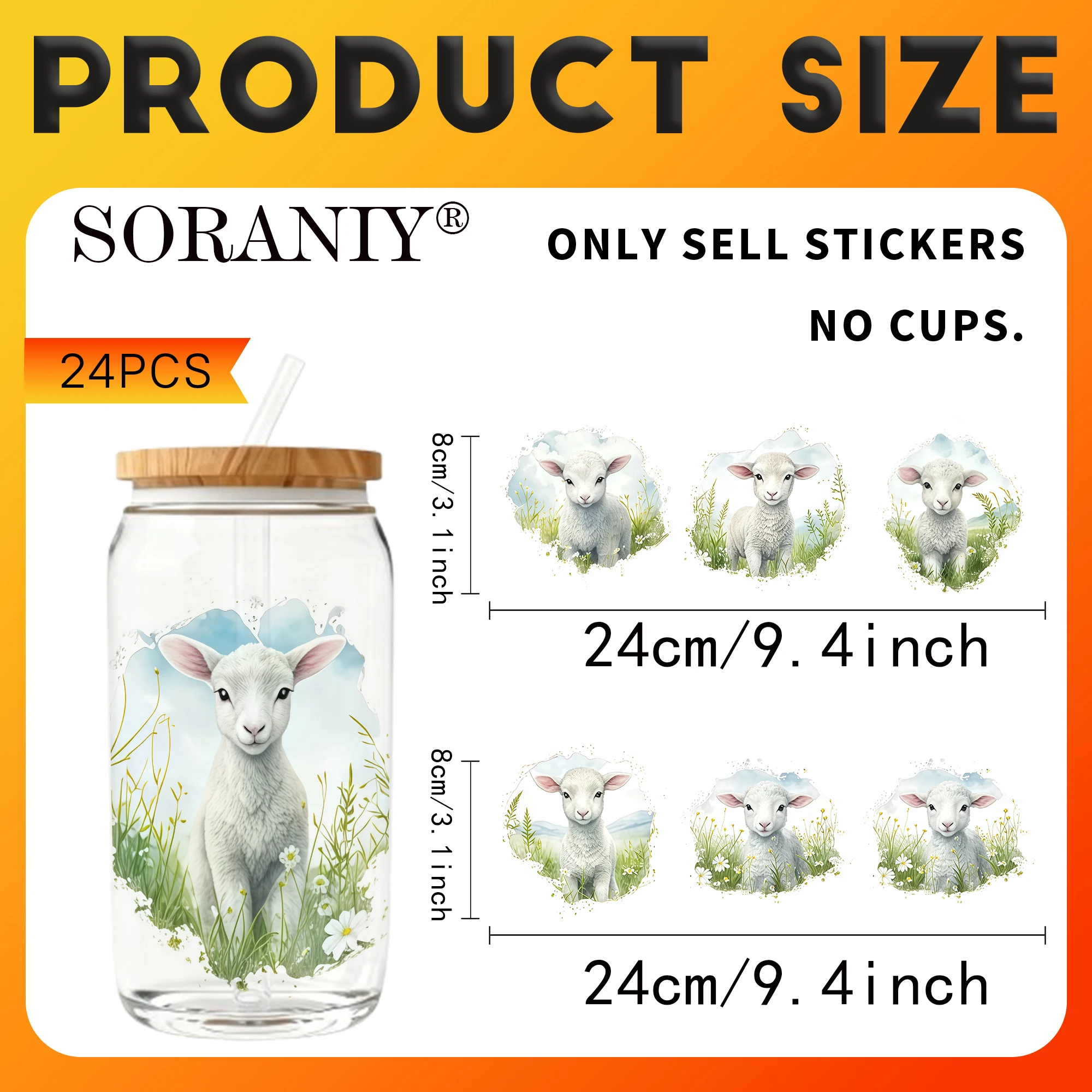 UV DTF Cup Stickers - 24Pcs/Set Watercolor Meadow Lamb Waterproof 16Oz Glass Jar DIY Transfer Decal, High Viscosity Easy Use For