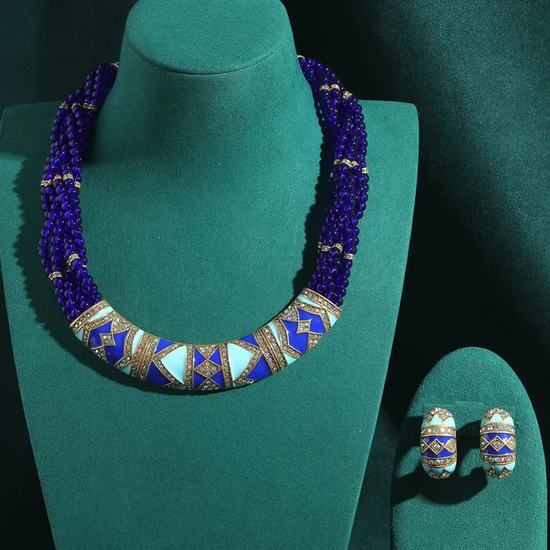 

Vintage Jewelry Set Sapphire Blue Beaded Statement Necklace Layered Twisted Chain Enamel Earrings Choker Neck Woman Accessories