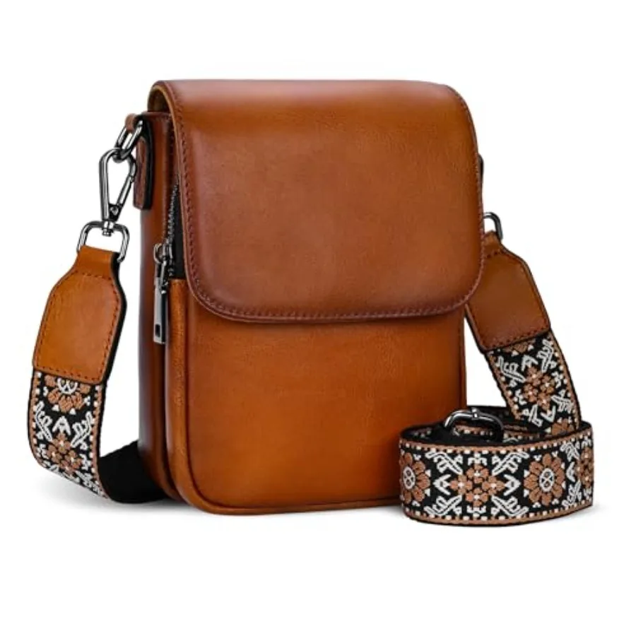 

Leather Small Crossbody Bags for Women RFID Blocking Cell Phone Purse Anti-Theft Travel Bag with wide Straps
