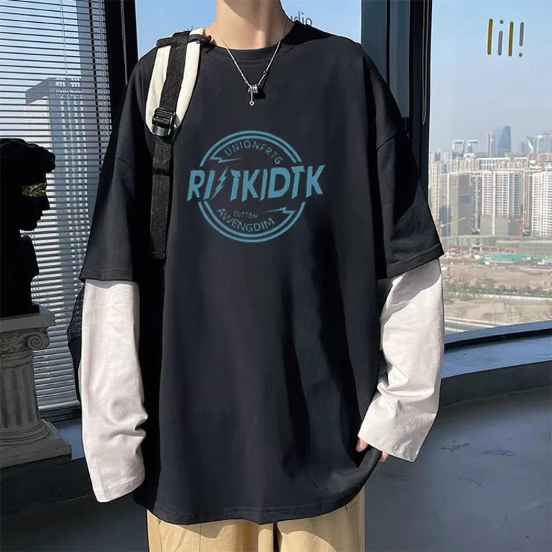 

Juspinice Korean Casual Retro Thin Fake Two-piece Spring Autumn Patchwork Long Sleeved Men's Loose and Versatile T-shirt Top