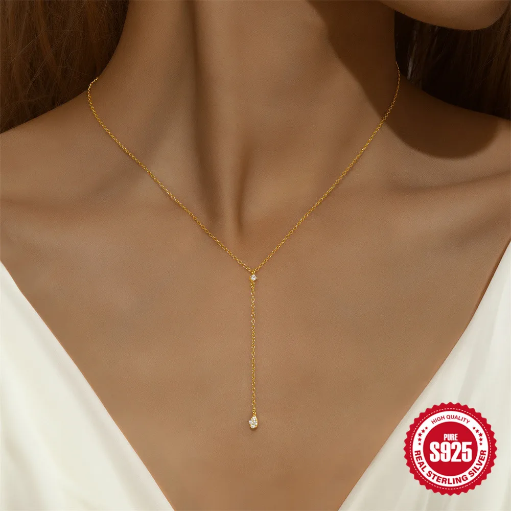 Aide Halskette aus 925er-Sterlingsilber, elegante Y-Form, für Damen, Temperament, lange Kette, Quaste, Wassertropfen, CZ-Zirkon-Anhänger-Halskette – Detail 8
