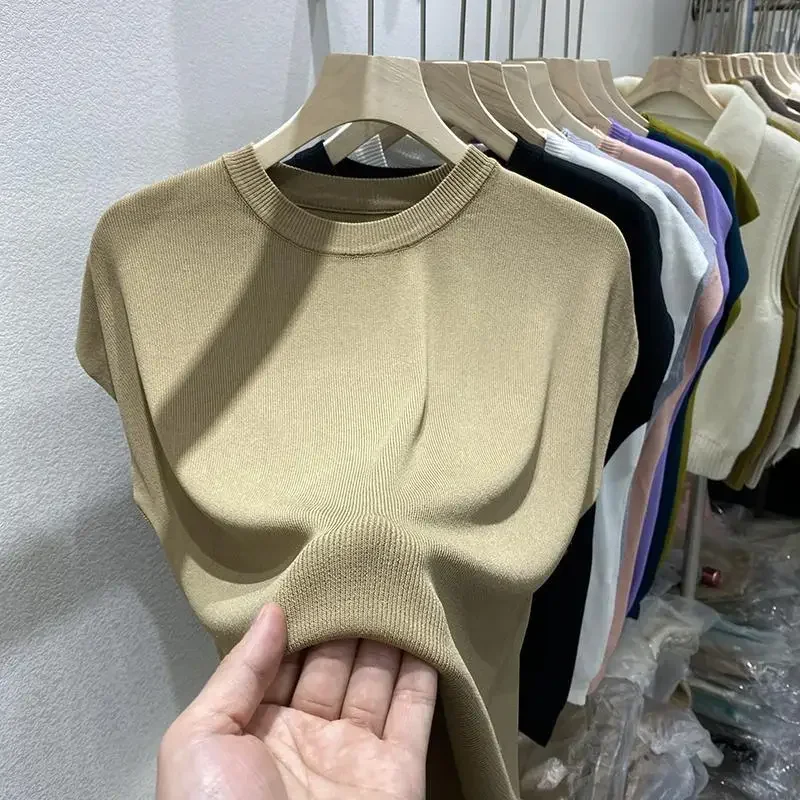 Women's T-shirt Summer O Neck Knitted Fashion Woman Blouse 2024 Short Sleeve Tees Solid Color Ice Silk Oversized T-shirt Women