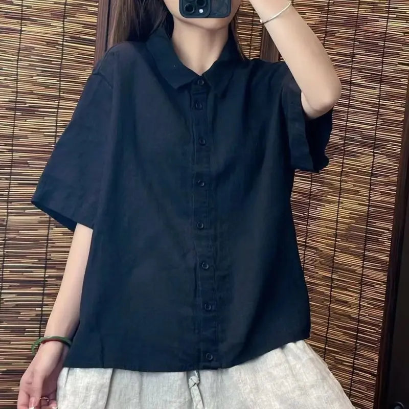 Women Summer Simplicity Loose Cotton and Linen Turn-down Collar Short Sleeve Shirts Women Clothes Casual Solid Color Trend Tops