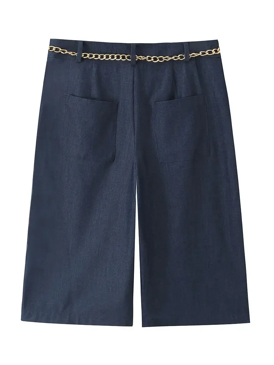 2025 Summer Fashion Women's Vintage High Waist Straight Trousers & Belt Female Elegant Knee Length Street Wide Leg Chain Pants