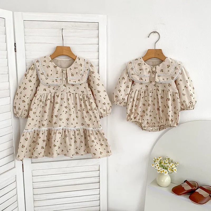 MILANCEL Autumn Kids Dress 2-6T Sweet Floral Lace Children Girls Princess Dress Korean Loose Sisters Clothes Baby Bodysuit