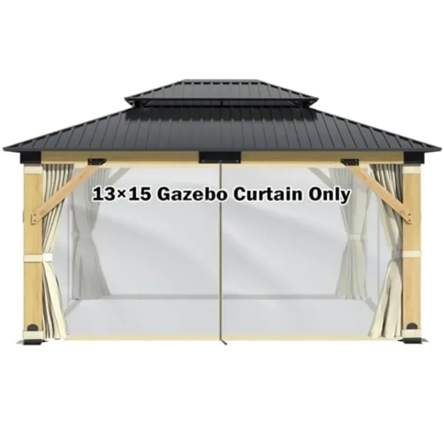 13' X 15' Wooden Gazebo Curtains Part Rod - Outdoor Hardtop Patio Gazebo  Netting Walls with Zipper Breathable Mesh and Privacy