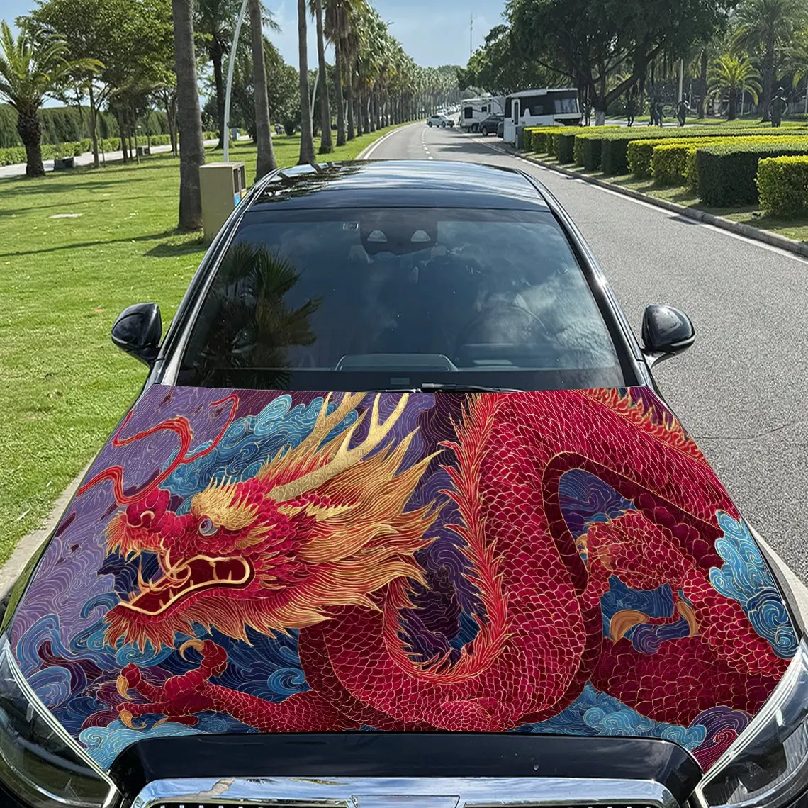 Stiker Pembungkus Kap Mobil PVC Naga Cina Artistik, Stiker Dekal Kap Mobil Tahan Air Perekat Sendiri, Stiker Pelindung Dekorasi Mobil
