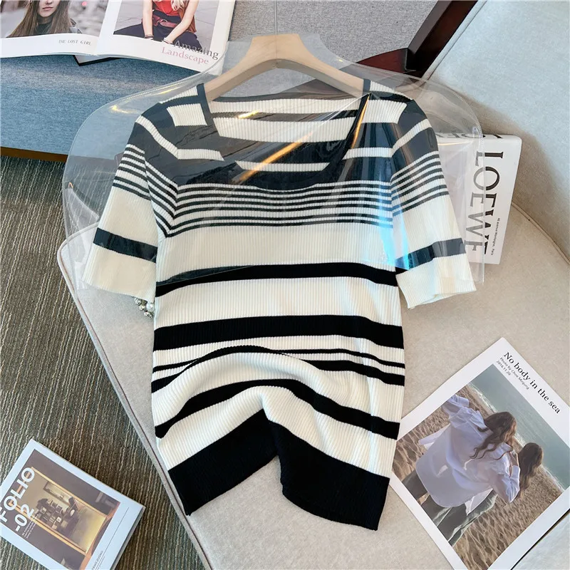 Summer Women\'s Stripe Sweater 2023 O-Neck short sleeve Knitted Casual Loose Thin T-shirt Large Size 4XL Female Pullover Mujer