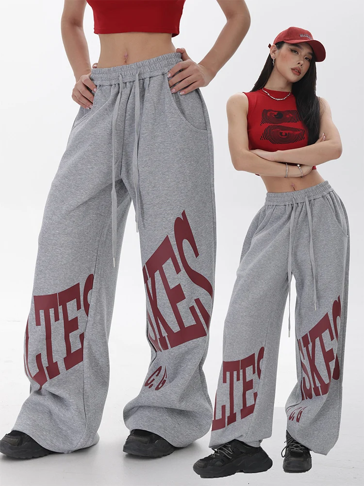 

Loose Fit American High Street Wide Leg Pants Jazz Dance Casual Trousers Elastic Waist Large Letter Print Summer Ladies