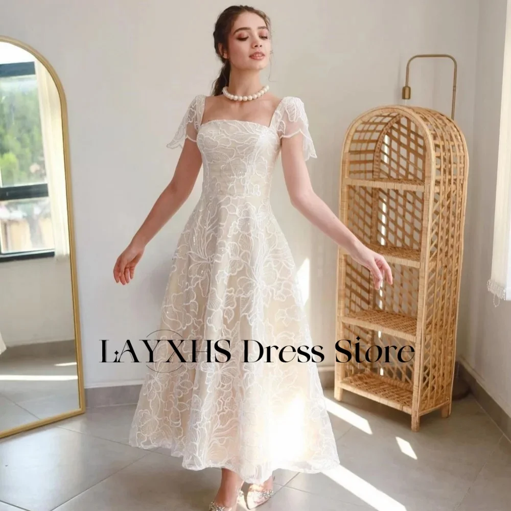 

LAYXHS Novel Square Neck Evening Dresses A-Line Lace Printing Pleat Prom Dresses Customized فساتين سهرات