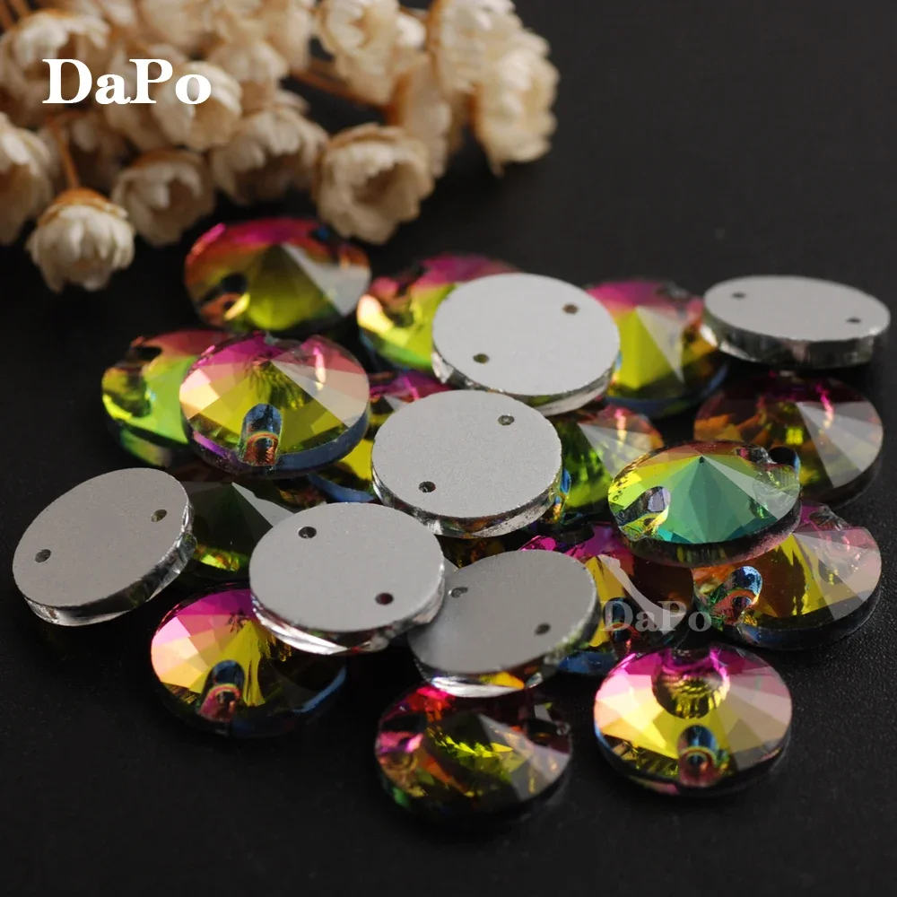 High-quality 8-18mm All Sizes Shiny Rainbow Flatback Crystal Glass Rhinestone Two Hole Sewing Art Clothing Decor Stone 50pcs