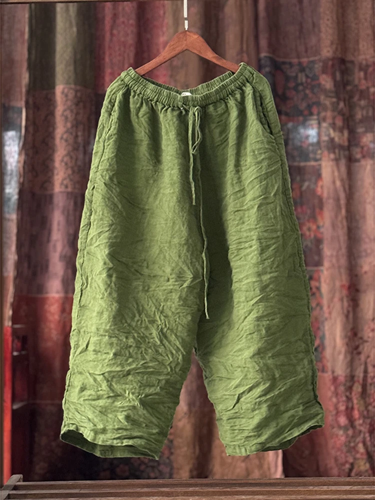 High Quality Cotton Linen Casual Pants Women New 2025 Spring Vintage Style Solid Color Female Ankle-length Harem Pants M494