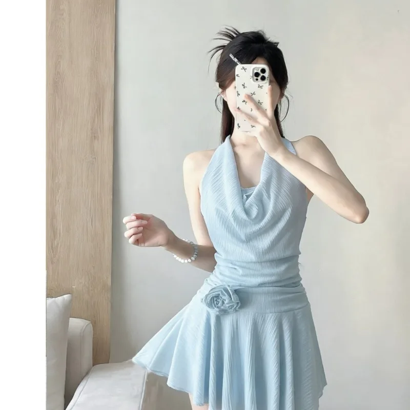 2026 New Women Halter Cowl Neck Swim Dress 3D Rose Decor Textured Slim Tummy Control Pure Desire Beach Spa Vacation Bathing Suit