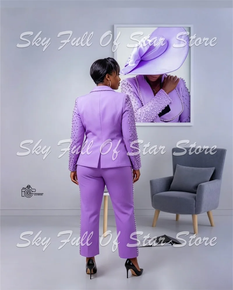 Elegant Pearl Rhinestone Women Suit Set 2 Pcs Purple Blazer Cropped Pants Formal Wedding Guest Evening Party Cocktail Lady Coat view 3