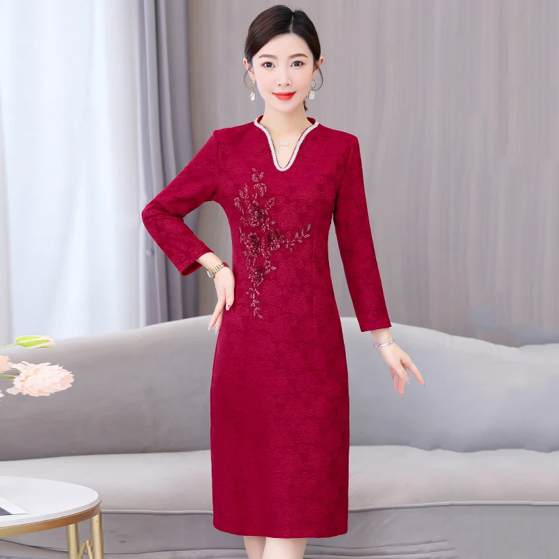 

2023 New Fashion Red V-Neck Red Dress Women's Autumn Qipao Style Loose Fit Long Sleeve Holiday Wedding Dress Vestidos