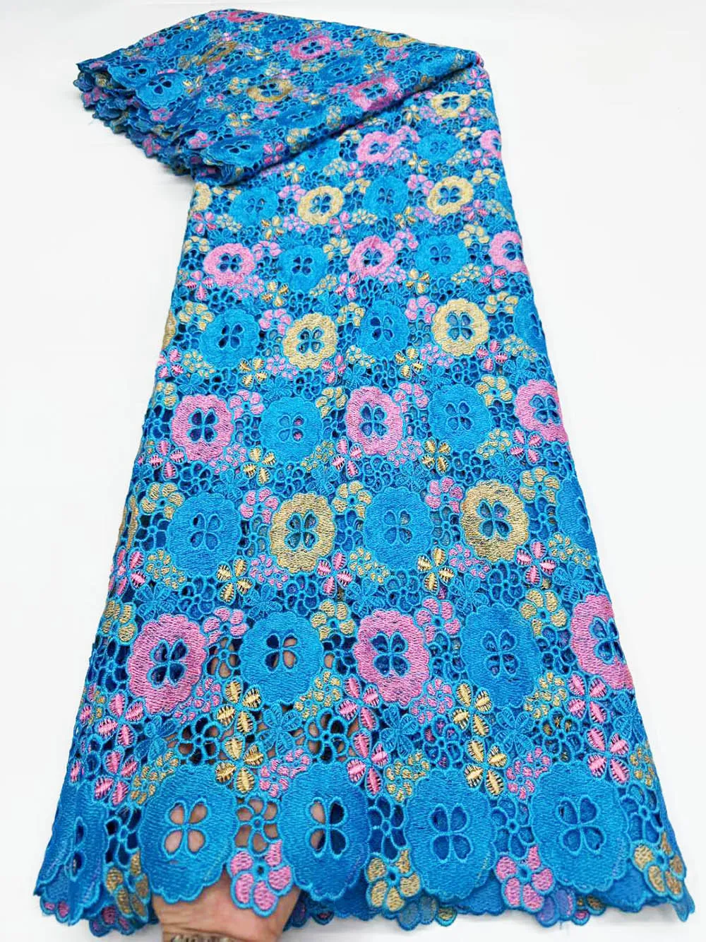 

Premium Top End Small Floral Cotton Heavy Luxury Colorful African Guipure Cord Fabric Ceremonial Robe Formal Dress CO1217