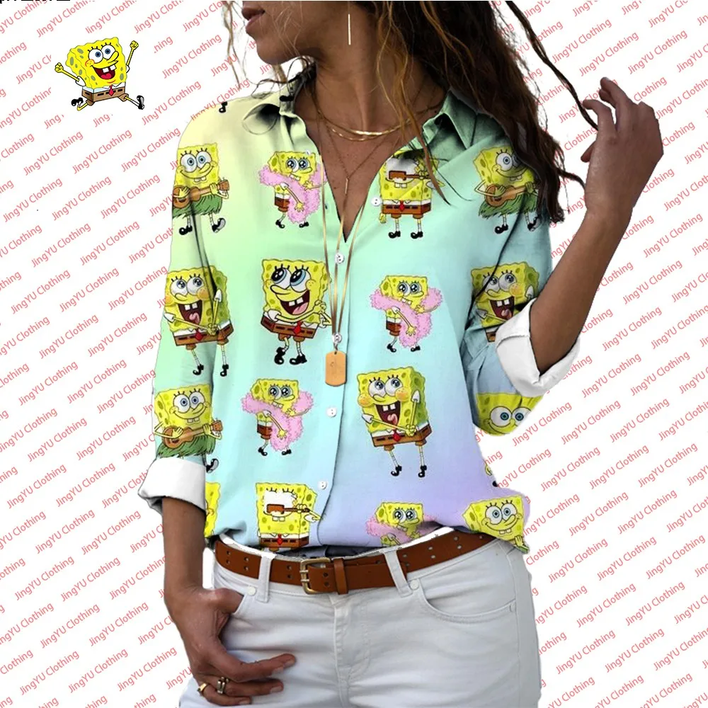 Dames Revers Overhemd Met Lange Mouwen Spongebob Cartoon Overhemd Met Lange Mouwen Lente En Zomer Comfortabel Casual Shirt