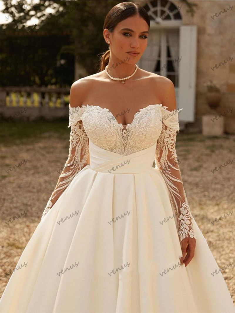 Vestido de casamento a linha cetim com ombro, vestes nupciais modernas, até o chão, mangas completas, vestidos de baile vintage