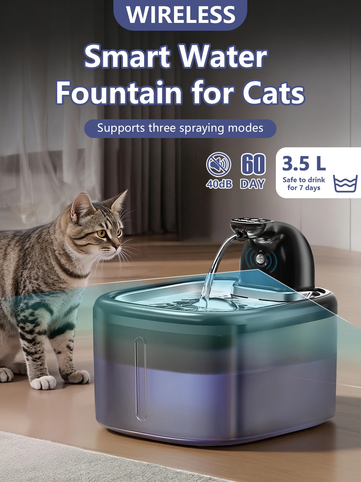Fontaine à eau pour chat de 3,5 L, fontaine à eau pour animaux de compagnie avec plateau en acier inoxydable, batterie de 4000 mAh, détection de mouvement et pompe à eau silencieuse