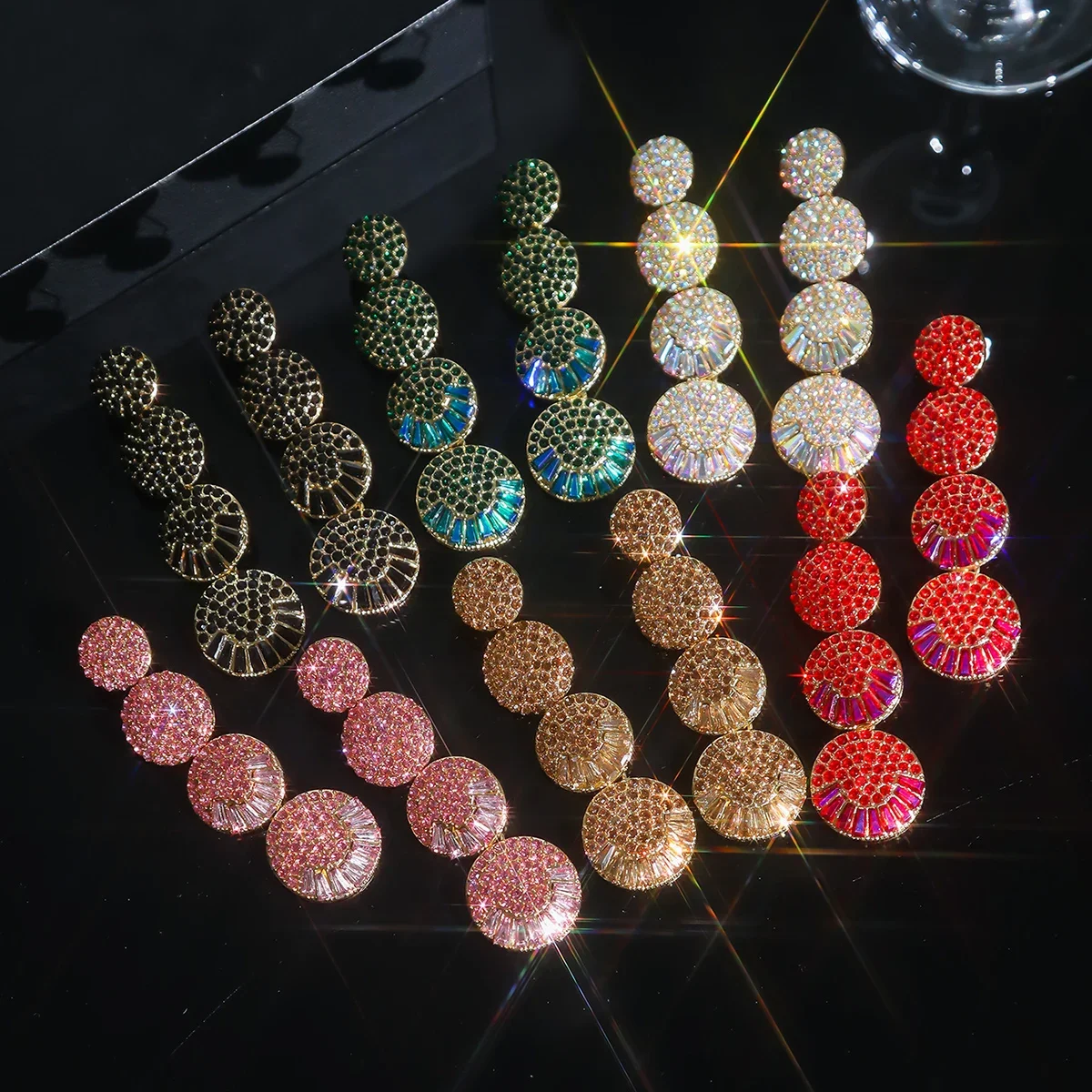 Fashion colorful full of diamonds multi-layer geometric round long earrings personalized light luxury simple versatile earrings