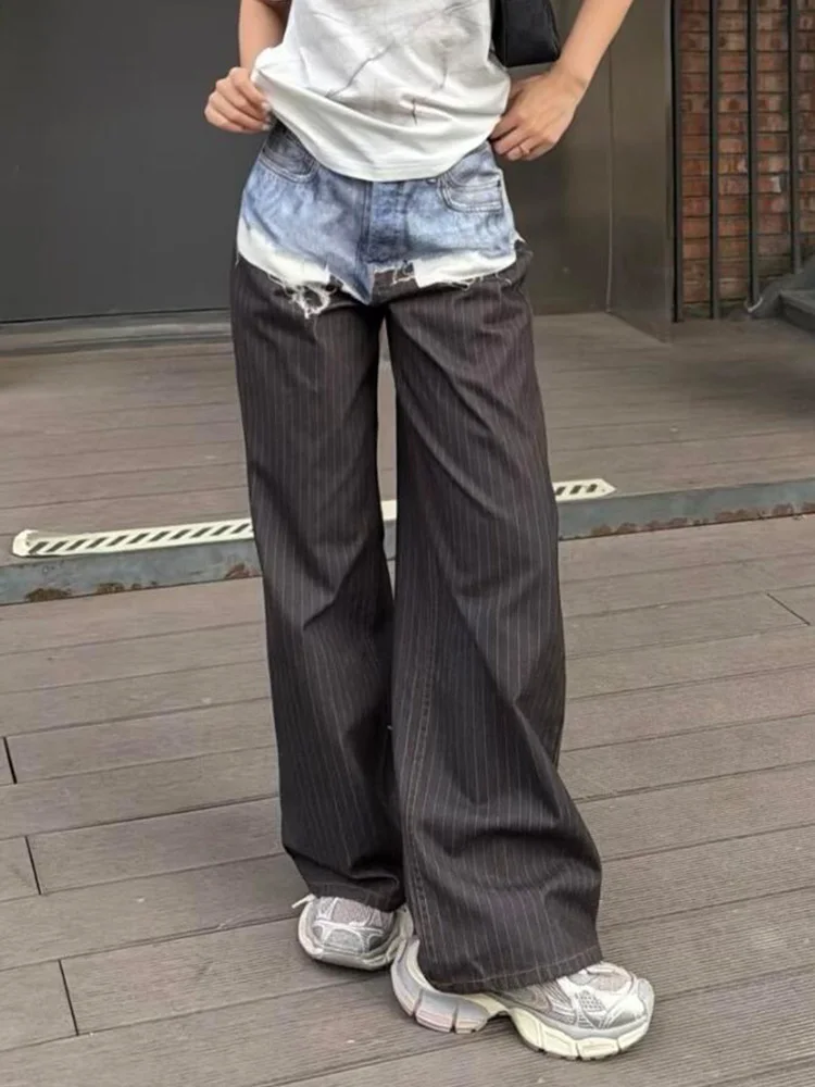 

Джинсы женские в американском стиле, с эффектом двухслойности, в полоску, с пэчворком, с 3D-принтом, летние, в уличном стиле, с эффектом потертости.