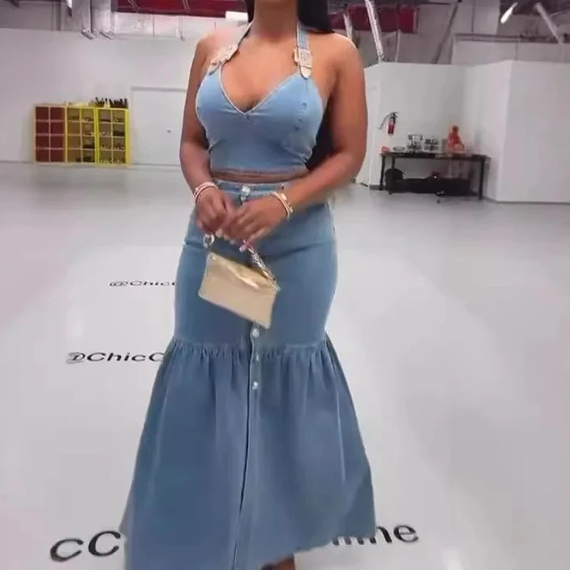 

Skirt Suit Women Denim 2 Piece Sets Camisole Top Long Skirts Dress Sets Single Breasted Washed 2025 Summer Sexy Backless Outfits