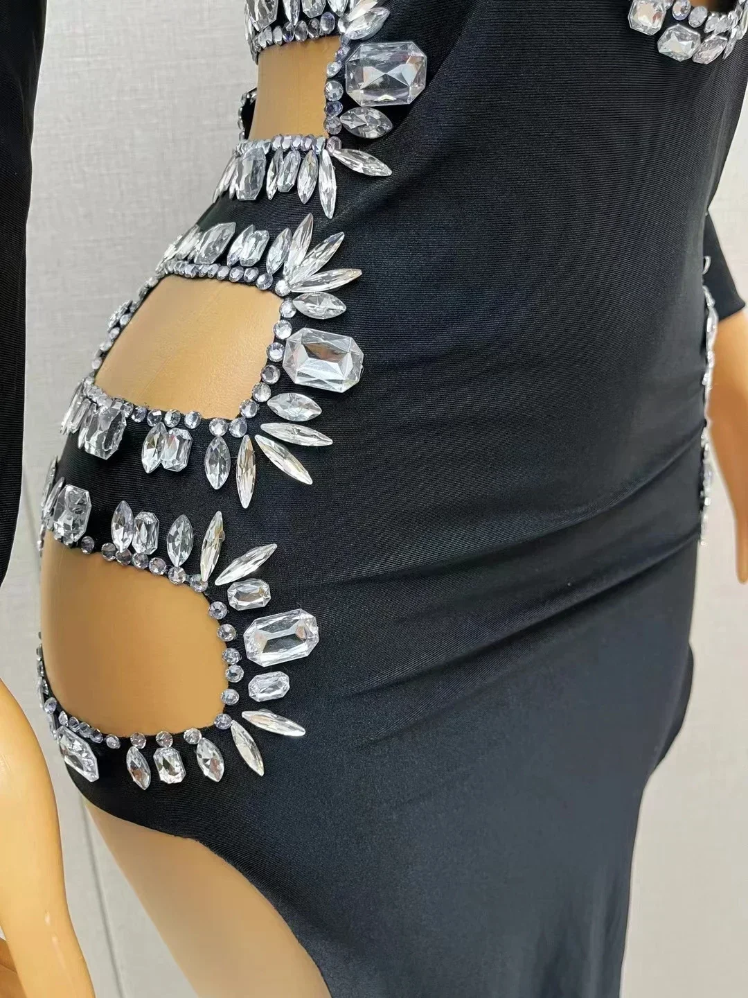 Black White Crystal High Split Sexy Hollow Out Long Dress Evening Party Birthday Celebrate Dresses Nightclub Performance Costume