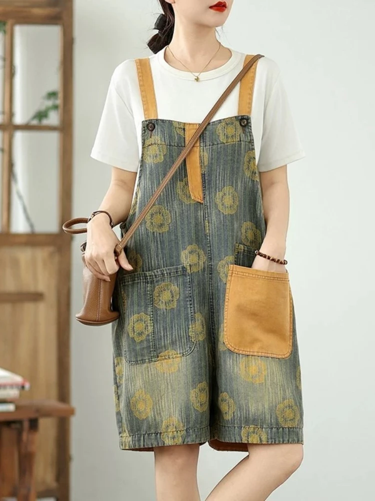 Overalls Women Casual Summer Light 2025 New Loose Plus Retro Print Contrast Pockets Slimming Flattering Denim Jumpsuit Chic
