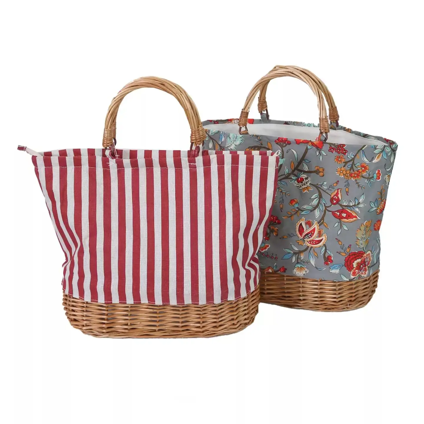 Willow Wicker Picnic Basket Bag, Floral or Striped Market Tote with Handles, Insulated Cooler Basket for Shopping Outdoor Picnic