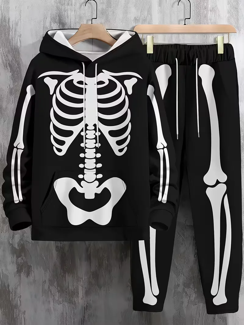 

Осенне-зимний мужской комплект с капюшоном, мужской комплект с капюшоном с принтом скелета, уличный спортивный комплект с капюшоном, быстросохнущий комплект с капюшоном