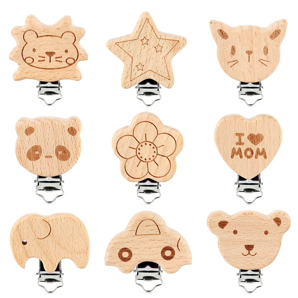 

20pcs Baby Pacifier Clip Natural Beech Wooden Cartoon Animal Shape Holder Nipple Clips for Infant DIY Pacifier Chain Accessories