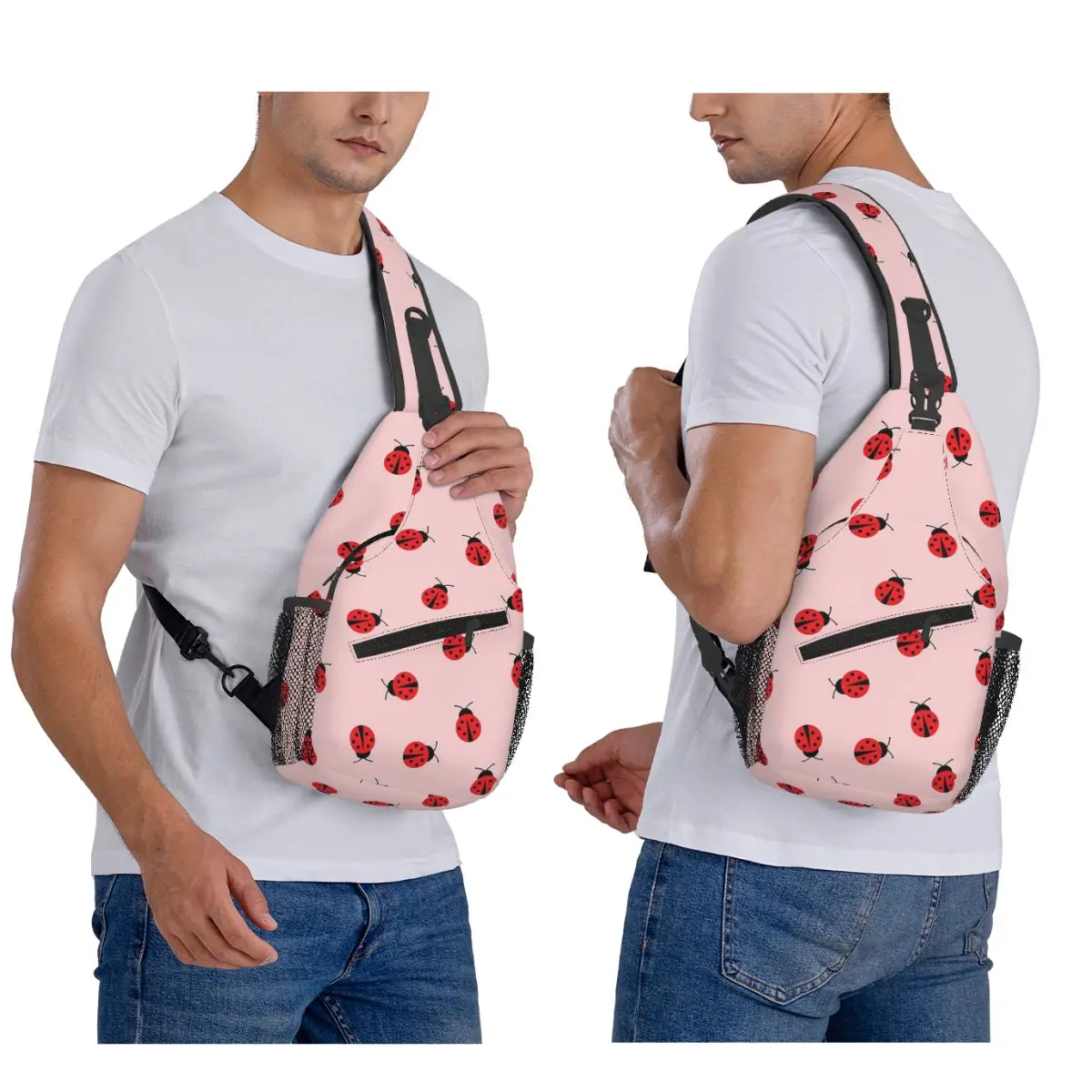 

Cute Ladybug Pattern On Pink Background Chest Bag Men Sling Crossbody Backpack Chest Bag Travel Hiking Daypack Shoulder Bag