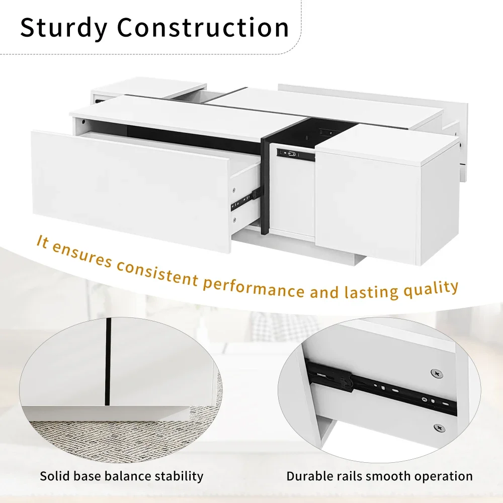 Extendable Coffee Table,Multi-Functional Coffee Table with High-Gloss Finish,2 Hidden Storage Space and 2Drawers,LivingRoom