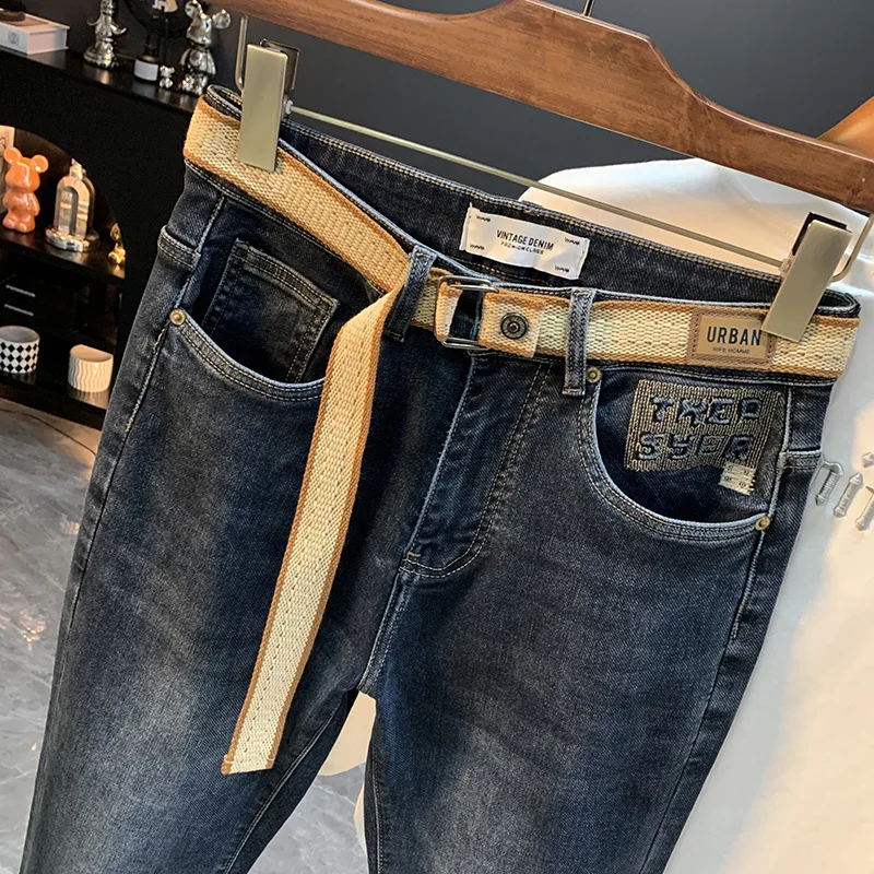 

2025 New Retro Jeans Men's Autumn Embroidered Printed Versatile Street Slimming Elastic Denim Small Foot Pants