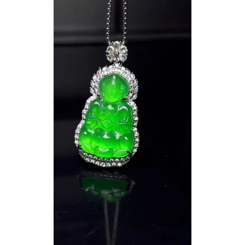 Natural Perfect high Ice Jade Jadeite Green guanyin Pendant&Necklace Certified