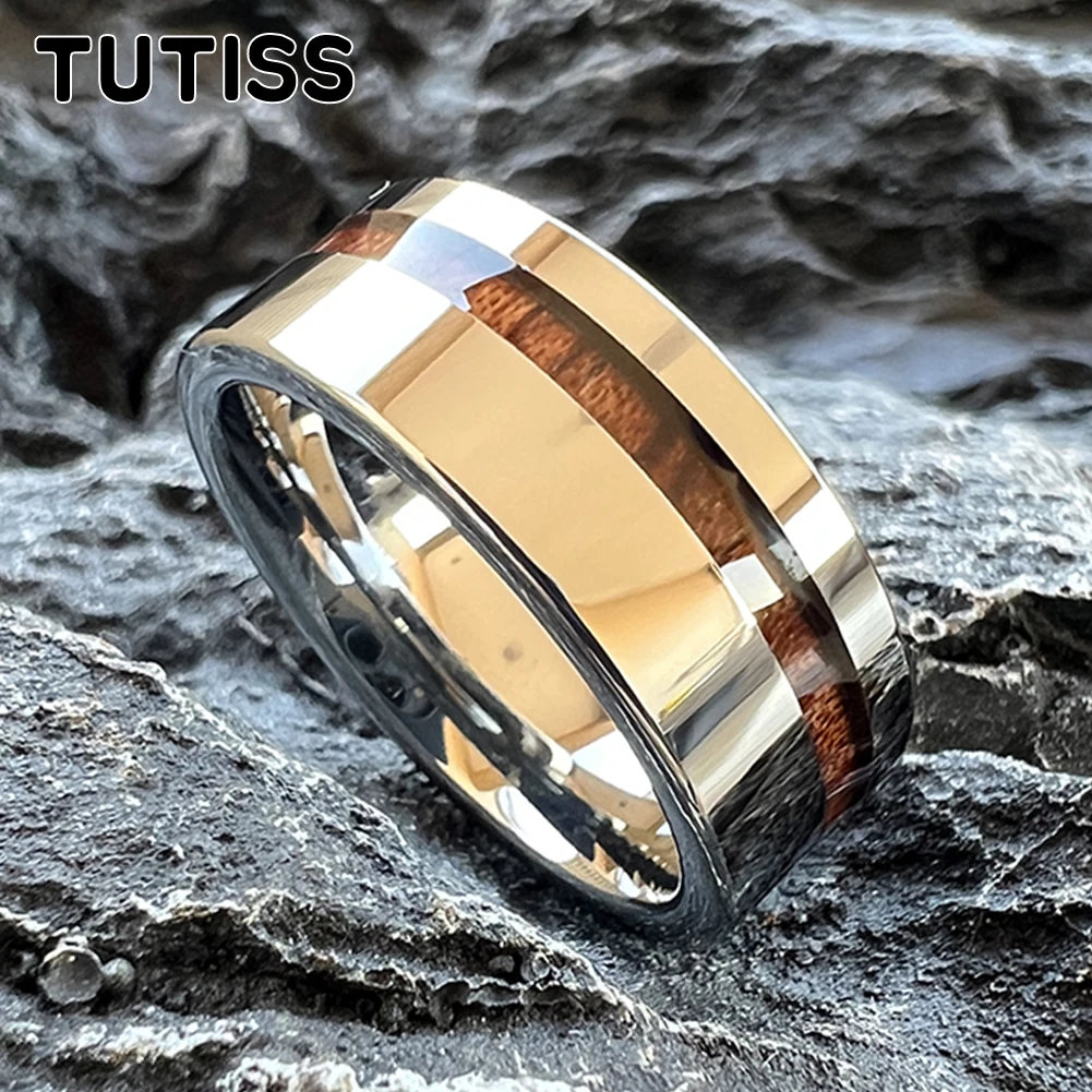 TUTISS 6mm 8mm Tungsten Couple Ring Black Men Women Wedding Band With Real Wood Inlay Offset Grooved Comfort Fit