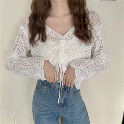 Drawstring Front Pointelle Knit Top Long Sleeve Crop Sweater Pullovers Women Spring Summer Cover Up Vacation Beach Outfit