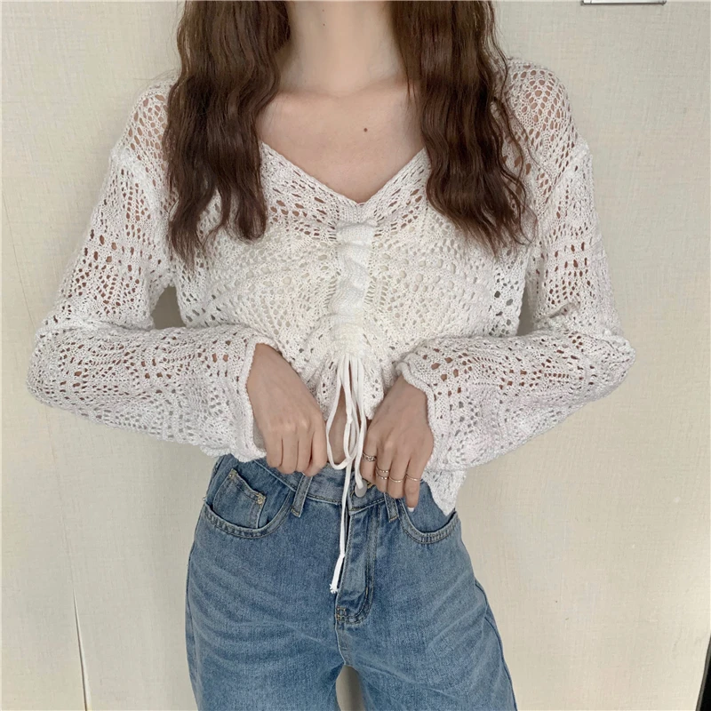 Drawstring Front Pointelle Knit Top Long Sleeve Crop Sweater Pullovers Women Spring Summer Cover Up Vacation Beach Outfit