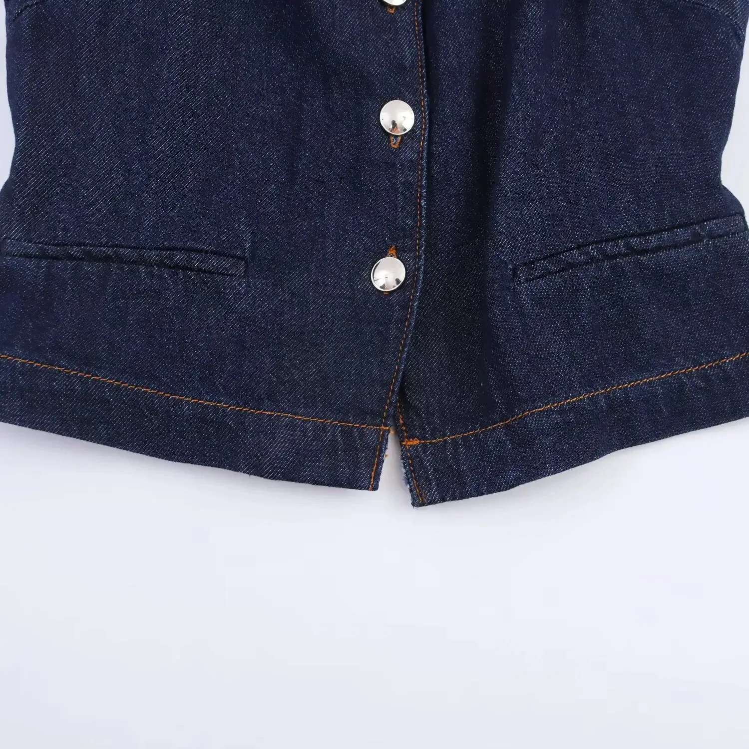 HH Women Summer Pockets Denim Solid 2-Piece Set Chic O-Neck Sleeveless Single-breasted Top Vest+Mid-Waist Wide-leg Pants