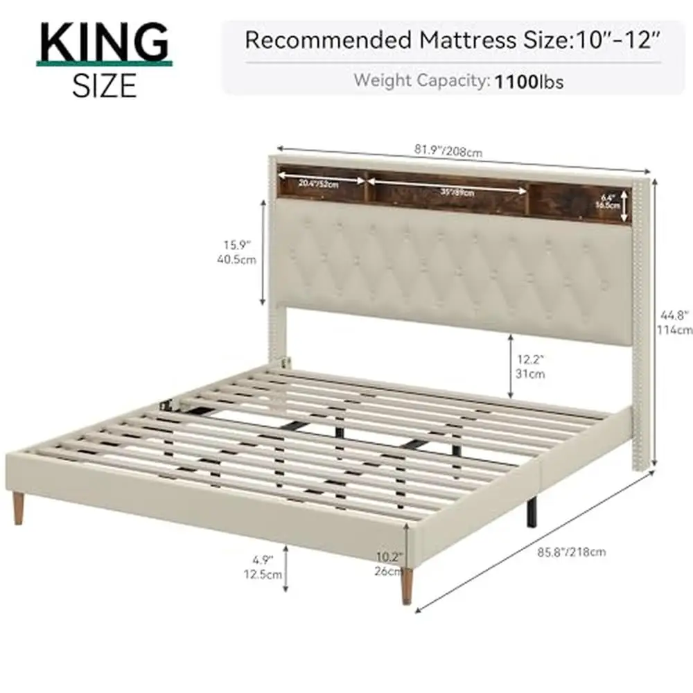 King Bed Frame with Upholstered Headboard LED Lights Charging Station Sturdy Beige Linen Mattress Foundation_queryset_filtered