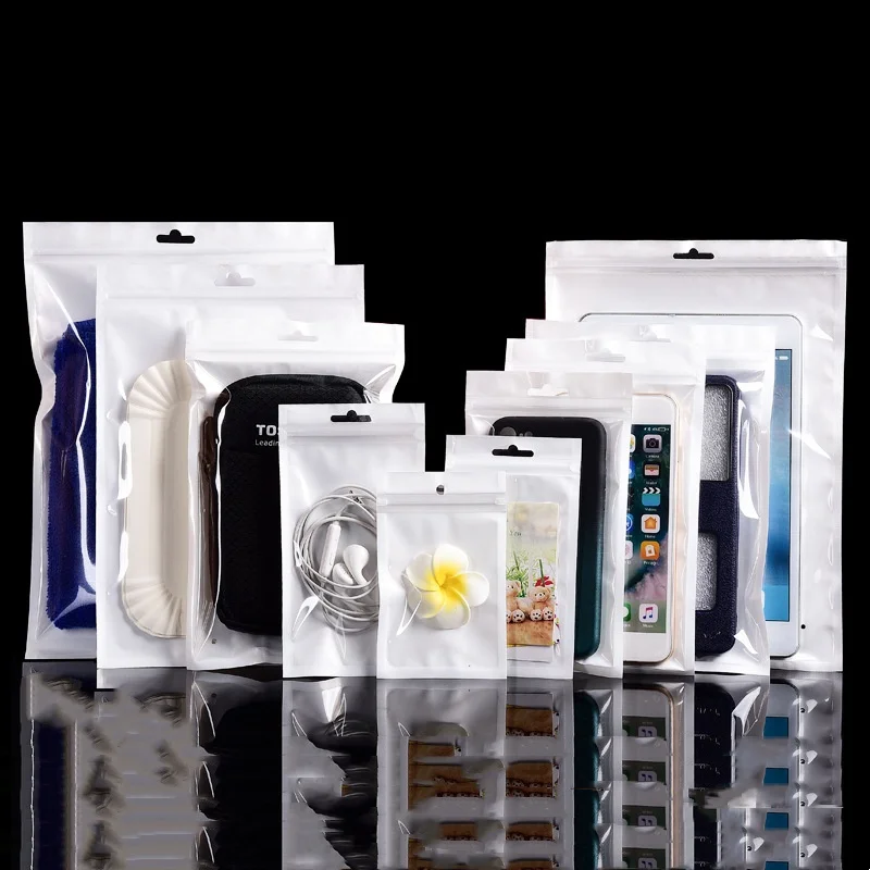 100PCS White Clear Self Seal Zipper Plastic Retail Packaging Poly Pouches Ziplock Zip Lock Bags Package With Hang Hole