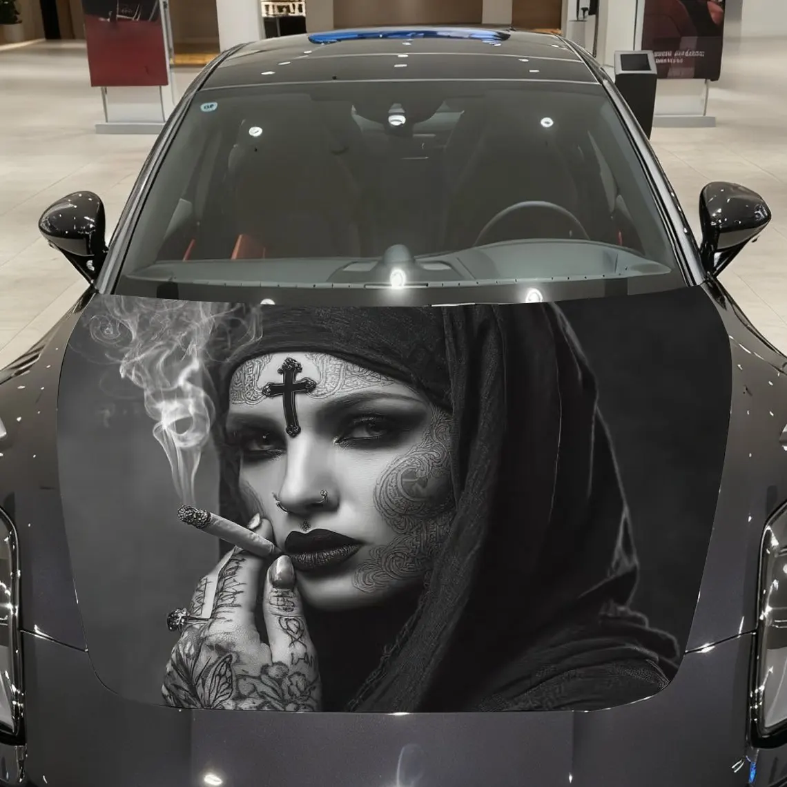 Tattoo Smoking Nun Car Hood Film Stickers, Fashion Graphic Stickers, Self-adhesive Wear-resistant, Car Decoration Stickers, Car