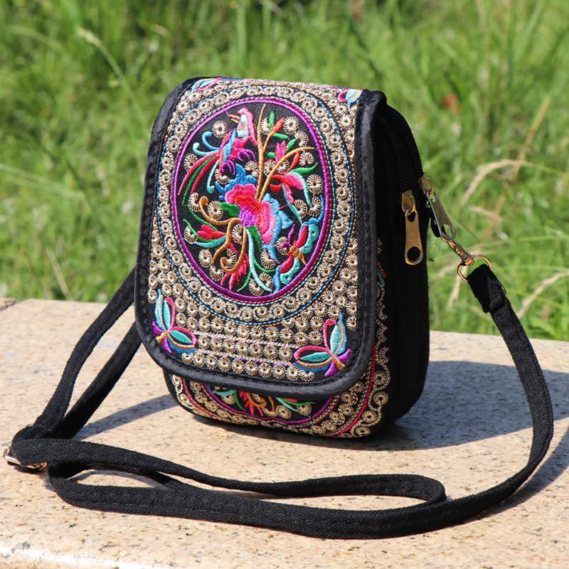 Popular Yunnan Ethnic Style Mobile Phone Bag Double Layer Flap Canvas Bag Embroidered Bag Embroidered Mini Bag Zero Wallet