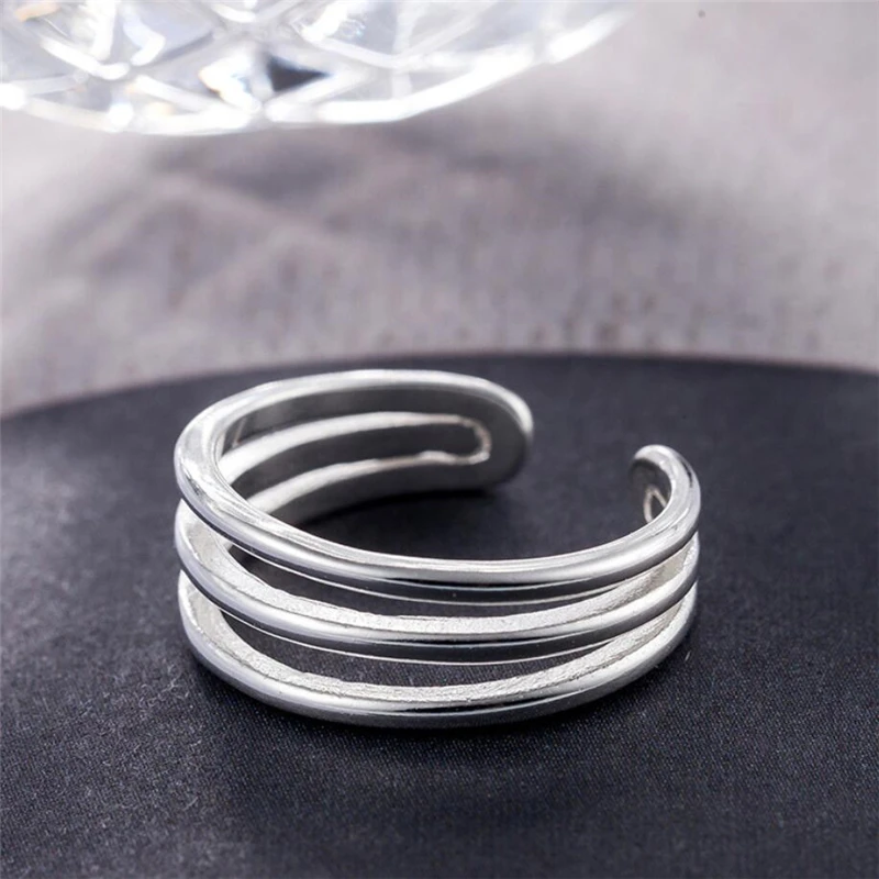 Sole Memory Geometry Cute Simple Three-tier 925 Sterling Silver Resizable Opening Ring For Women Party Birthday Gift RI335