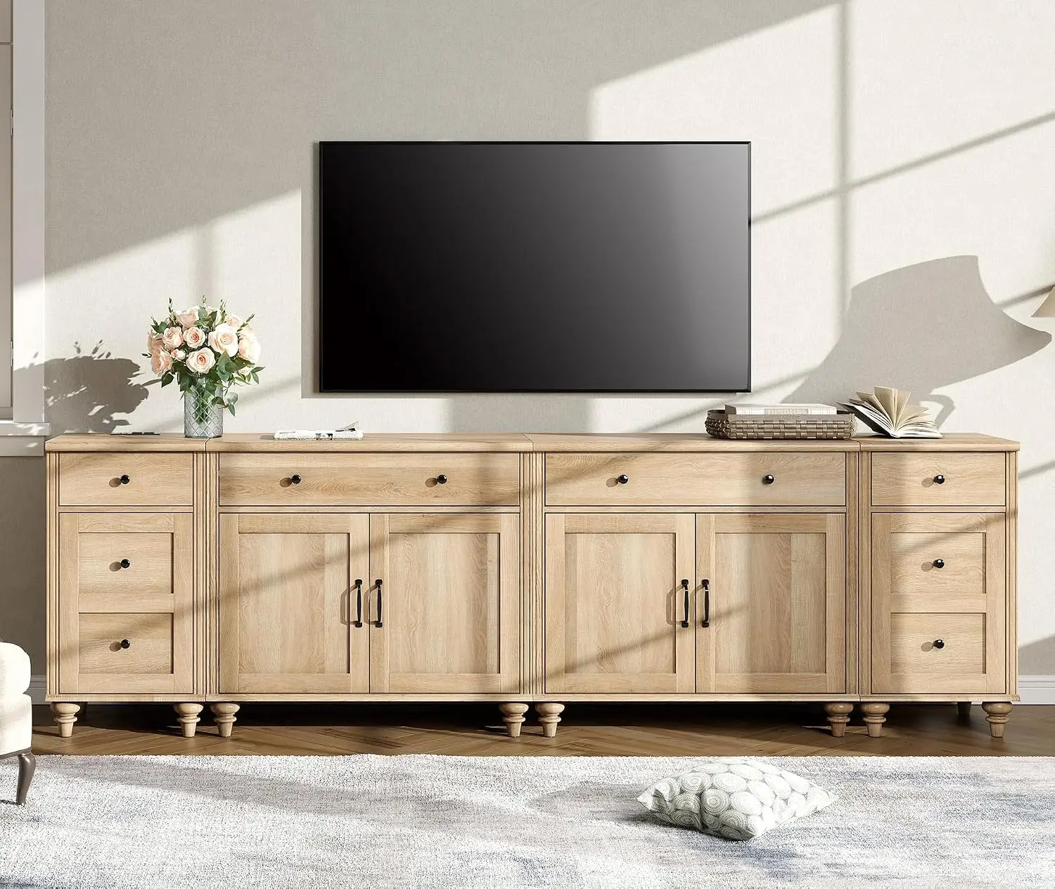 Farmhouse TV Stand Console Entertainment Center Charging Station Sideboard Buffet Cabinet Dining Room Oak, Customized