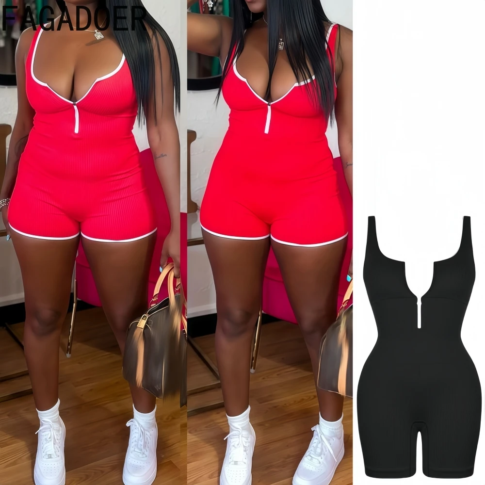 

FAGADOER Sexy Sports Bodycon Rompers Woman Color Block Spaghetti Strap Zipper Backless Jumpsuits Female Streetwear Overalls New