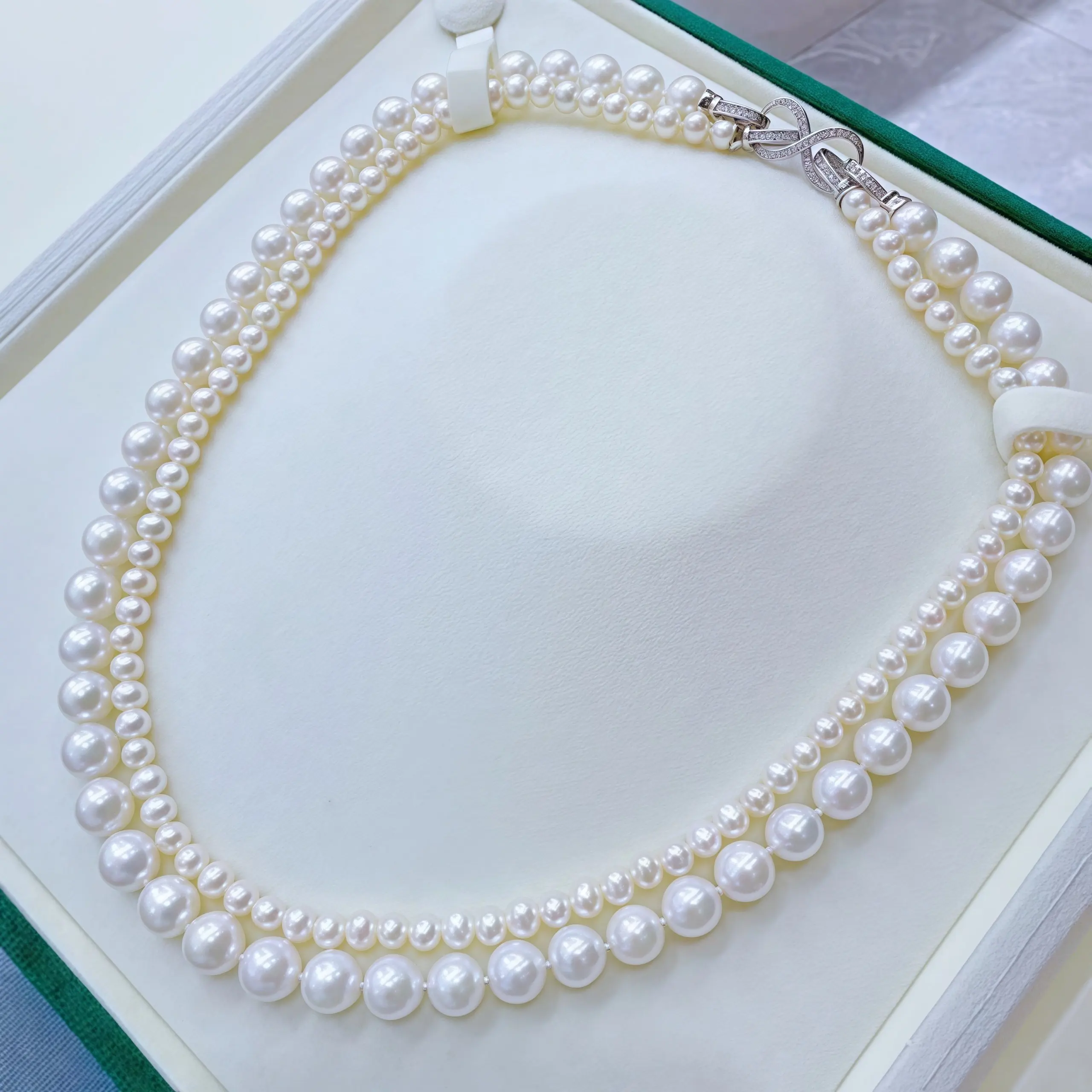 2/Row Exquisite Necklace AAAA6-7+10-11 mm Natural Japanese White Pearl Necklace 16-18 Inch/ 18-20 Inch 925s Button