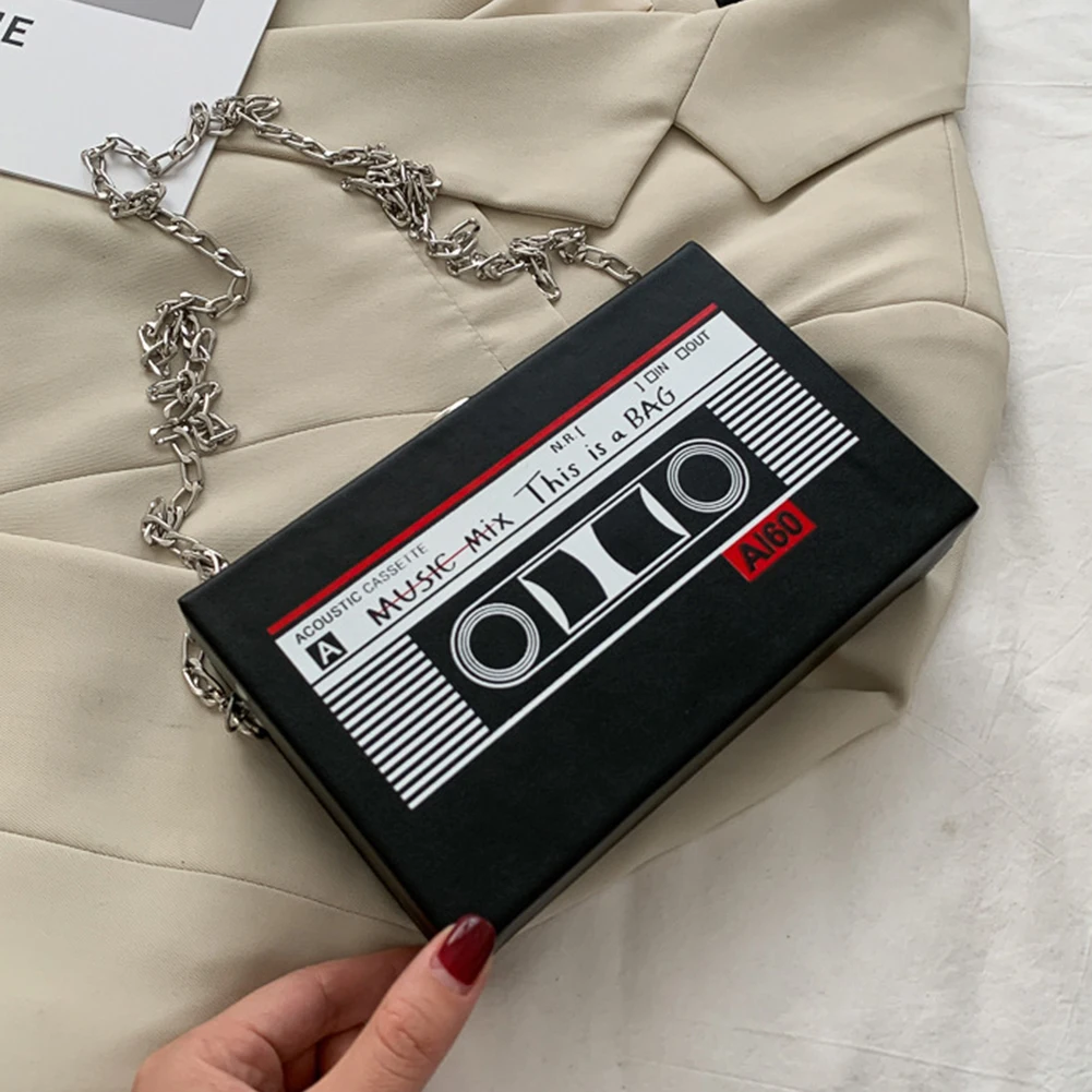 Women Cute Sling Bag Radio Shape Mini Chain Purse PU Leather Tape Recorder Print Ladies Daily Commute Bag